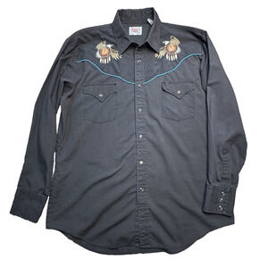 VTG Fly Diamond Western Shirt Mens L Black Embroidered Cowboy Pearl Snap READ